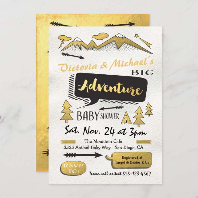 Gold Adventure Mountain Camping Tribal Baby Shower Invitation (Front/Back)