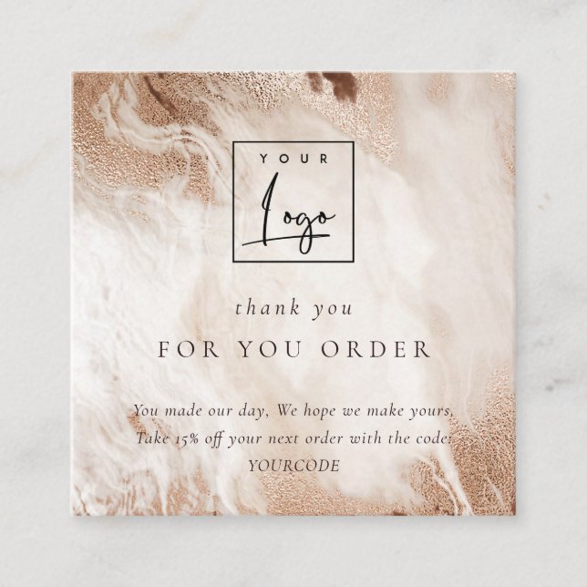 Gold Agate Beige Thank You For Order Discount Logo Square Business Card (Front)