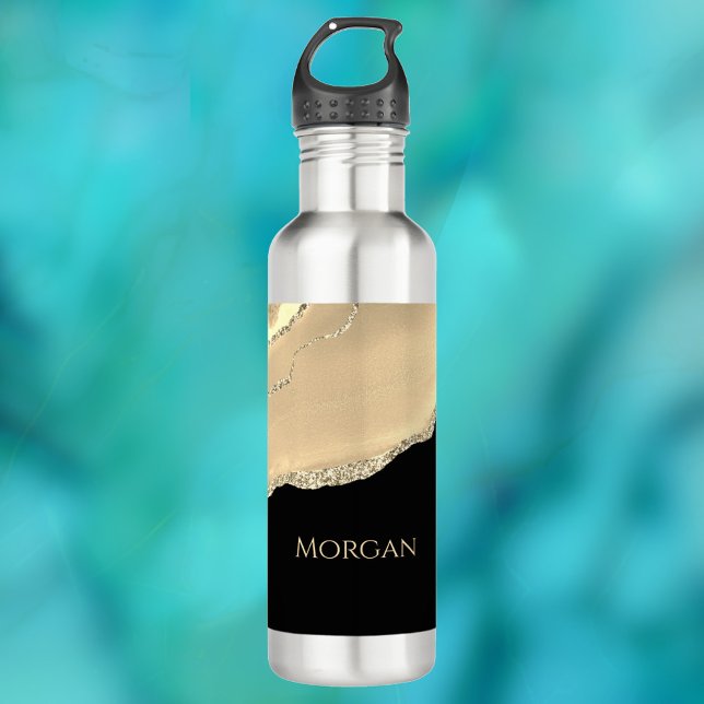 Gold Agate & Glitter, Gold Name on Black 710 Ml Water Bottle (Creator Uploaded)