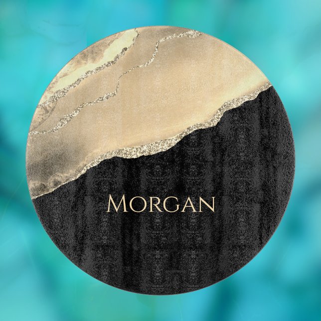 Gold Agate & Glitter, Gold Name on Black Cutting Board (Creator Uploaded)