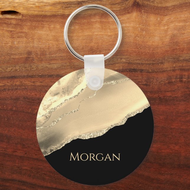 Gold Agate & Glitter, Gold Name on Black Key Ring (Front)