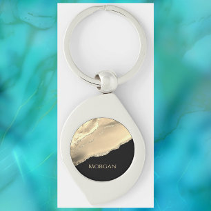Gold Agate & Glitter, Gold Name on Black Key Ring