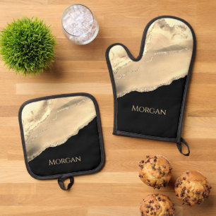 Gold Agate & Glitter, Gold Name on Black Oven Mitt & Pot Holder Set