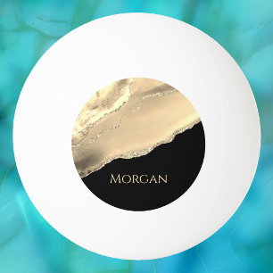 Gold Agate & Glitter, Gold Name on Black Ping Pong Ball