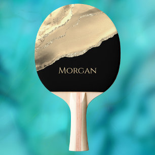 Gold Agate & Glitter, Gold Name on Black Ping Pong Paddle