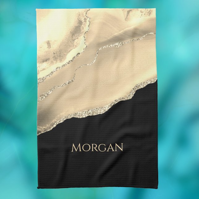 Gold Agate & Glitter, Gold Name on Black Tea Towel (Creator Uploaded)