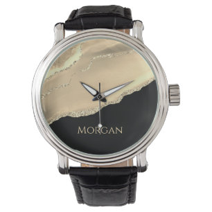Gold Agate & Glitter, Gold Name on Black Watch