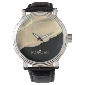 Gold Agate & Glitter, Gold Name on Black Watch
