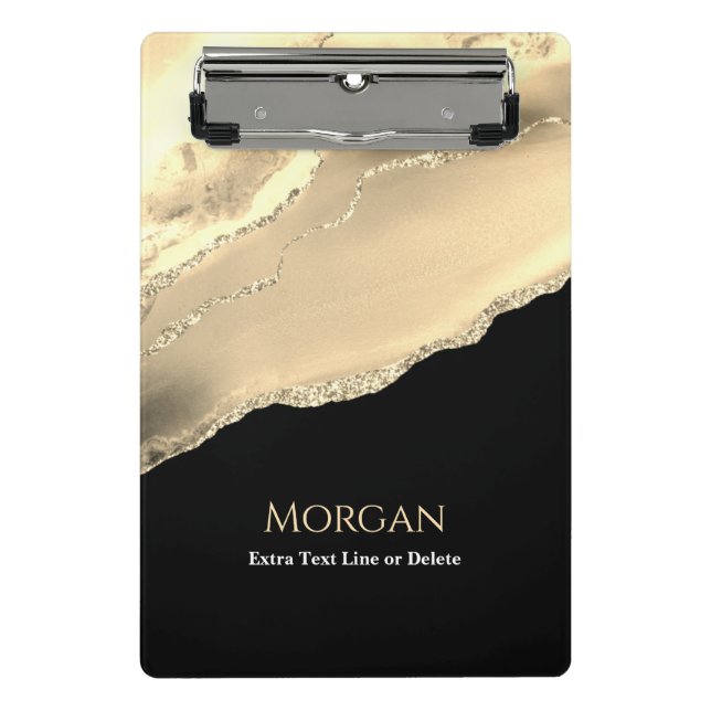 Gold Agate & Glitter, Name & Text Line, Black Mini Clipboard (Front)