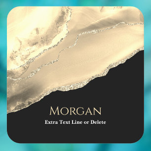 Gold Agate & Glitter, Name & Text Line, Black Square Paper Coaster