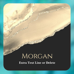 Gold Agate & Glitter, Name & Text Line, Black Square Sticker