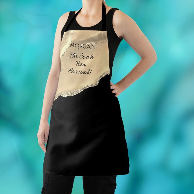 Gold Agate & Glitter, Name & Your Text on Black Apron (Creator Uploaded)