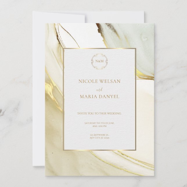 Gold Alcohol Ink White Chic Wedding Invitation (Front)