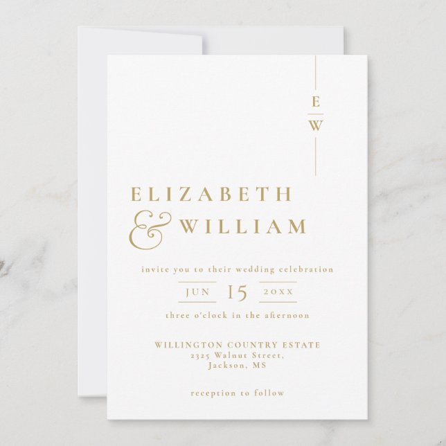 Gold All In One Minimalist Modern Monogram Wedding Invitation (Front)