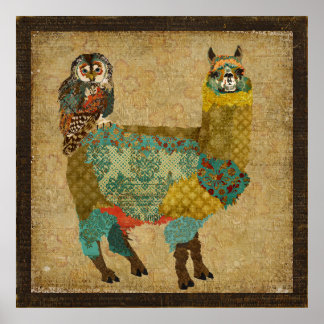 Gold Alpaca & Teal Owl Art Poster