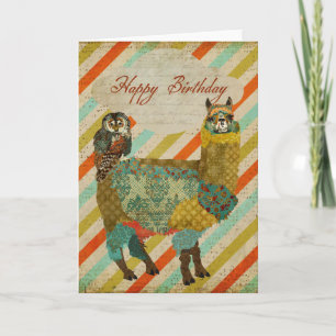 Gold Alpaca & Teal Owl Birthday Card