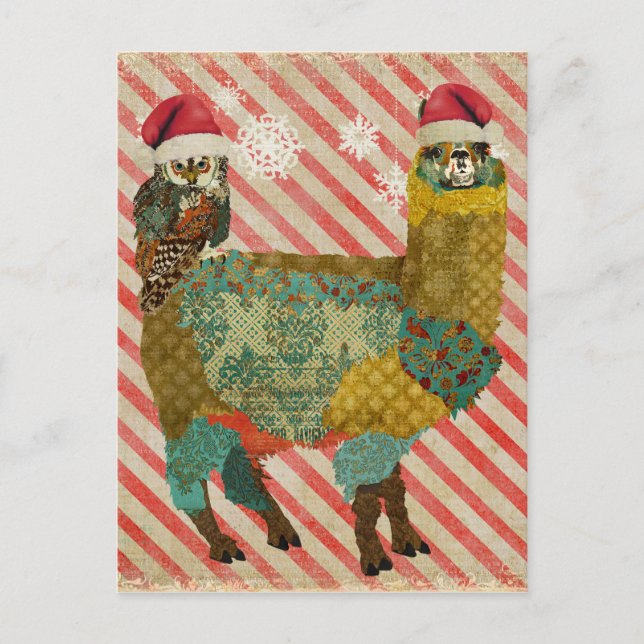 Gold Alpaca & Teal Owl Christmas Postcard (Front)