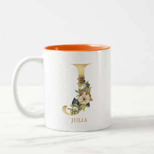 Gold Alphabet J Monogram   Leaf Foliage Two-Tone Coffee Mug