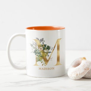 Gold Alphabet M Monogram   Leaf Foliage Two-Tone Coffee Mug