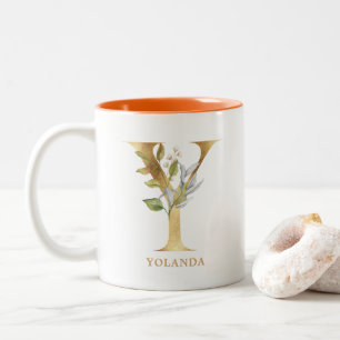 Gold Alphabet Y Monogram   Leaf Foliage Two-Tone Coffee Mug