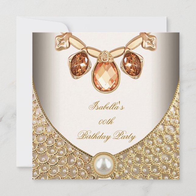 Gold Amber Pearls Jewels Image Cream Birthday Invitation (Front)