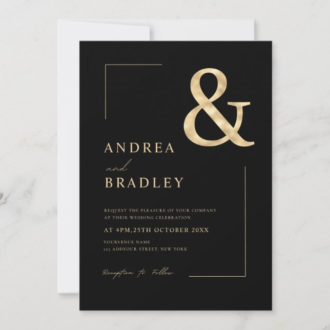 Gold Ampersand Black Geometric Photo Wedding Invitation (Front)