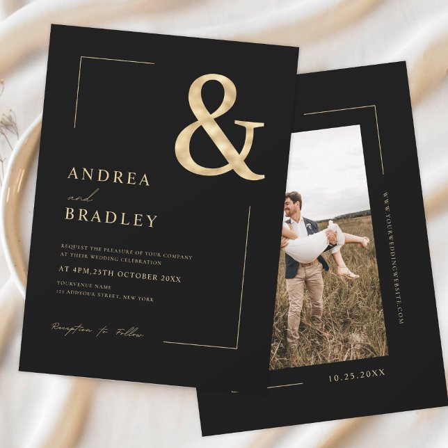 Gold Ampersand Black Geometric Photo Wedding Invitation (Creator Uploaded)