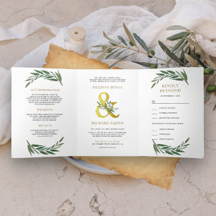 Gold Ampersand Olive Branch All in One Wedding Tri-Fold Invitation
