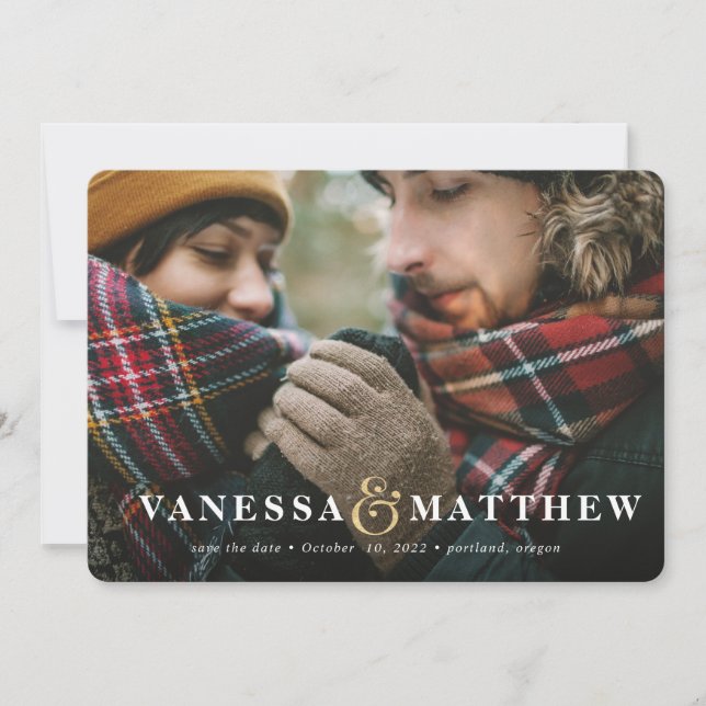 Gold ampersand photo save the date holiday card (Front)