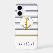 Gold anchor and navy blue stripes nautical
