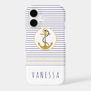 Gold anchor and navy blue stripes nautical