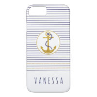 Gold anchor and navy blue stripes nautical