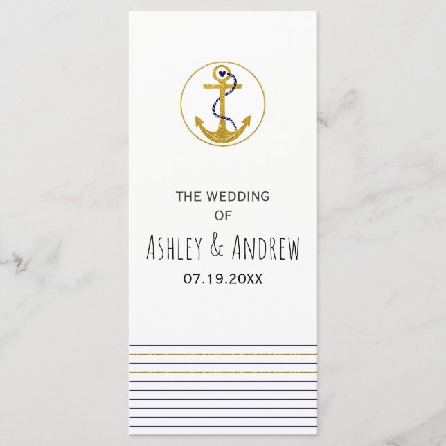 Gold anchor and stripes nautical wedding program programme (Front)