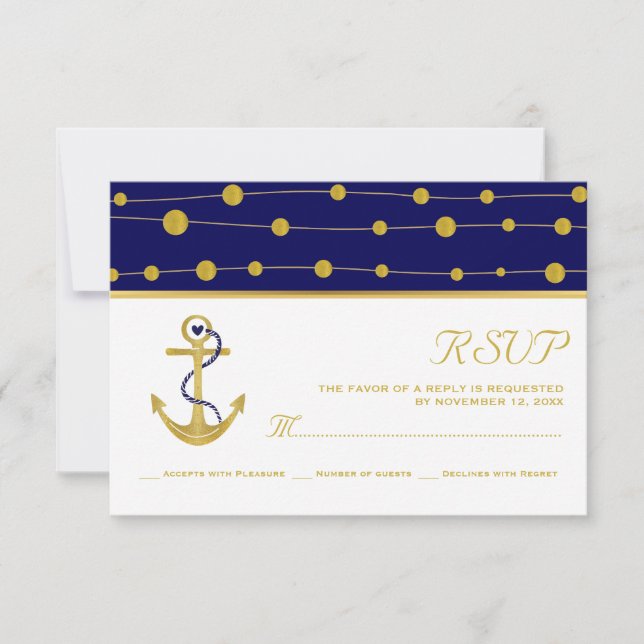 Gold anchor & beads navy blue nautical wedding RSVP card (Front)