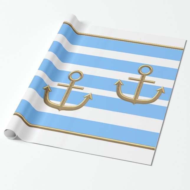 gold anchor blue white background wrapping paper (Unrolled)