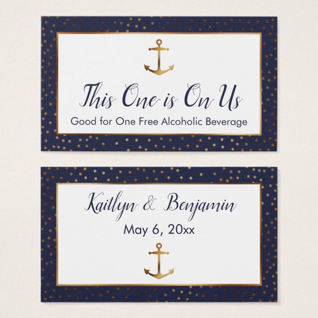 Gold Anchor & Confetti Navy Drink Ticket Cards (Front & Back)
