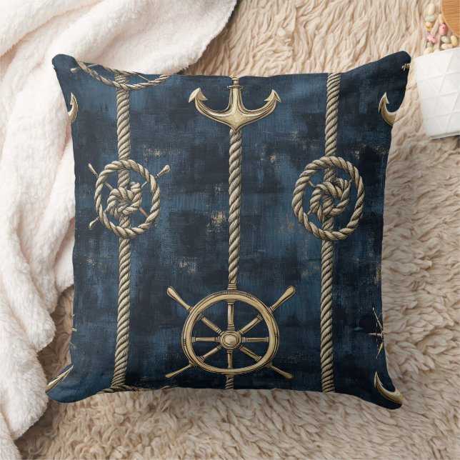 Gold Anchor & Helm Nautical Pattern Cushion (Blanket)