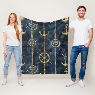 Gold Anchor & Helm Nautical Pattern Fleece Blanket