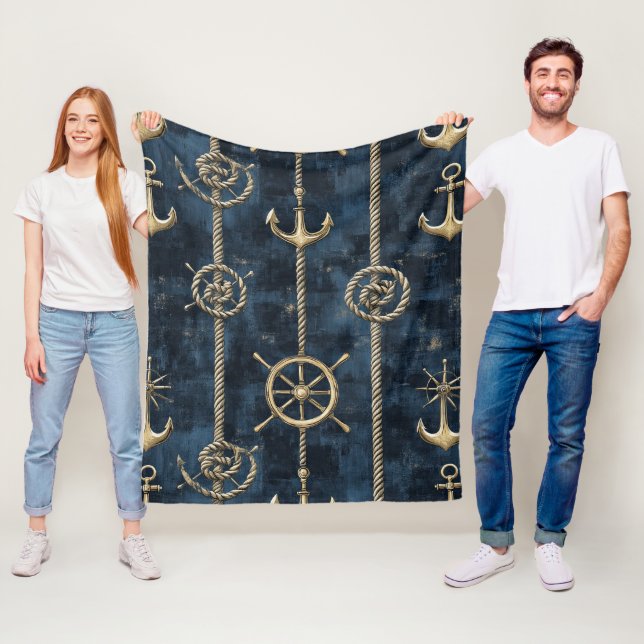 Gold Anchor & Helm Nautical Pattern Fleece Blanket (In Situ)