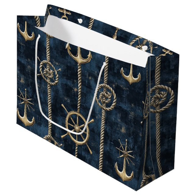 Gold Anchor & Helm Nautical Pattern Large Gift Bag (Front Angled)
