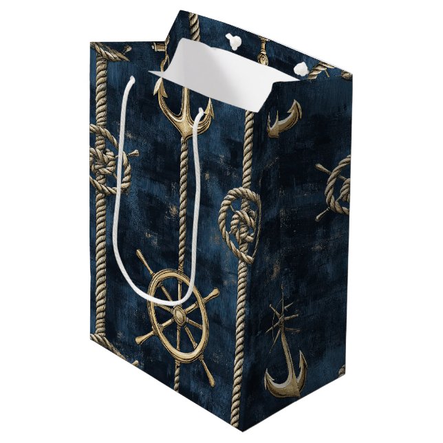 Gold Anchor & Helm Nautical Pattern Medium Gift Bag (Front Angled)