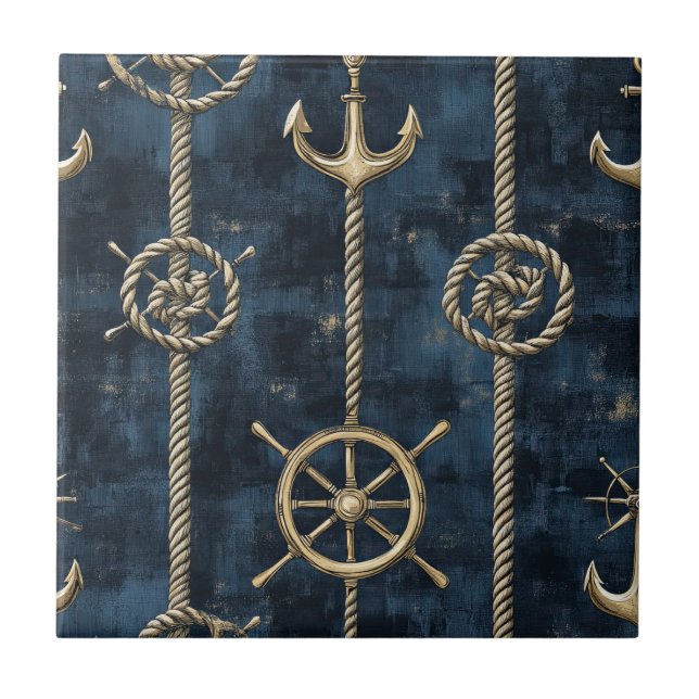 Gold Anchor & Helm Nautical Pattern Tile (Front)