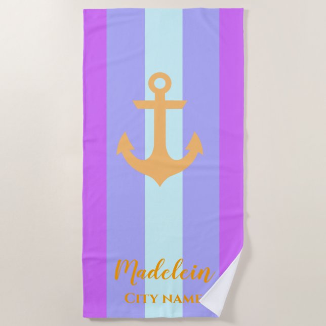 Gold Anchor Modern Nautical Stripes Custom Name Beach Towel (Front)