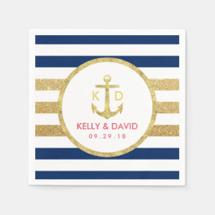 Gold Anchor Modern Stripes Nautical Wedding Napkin