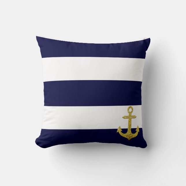 Gold anchor nautical stripes cushion (Front)