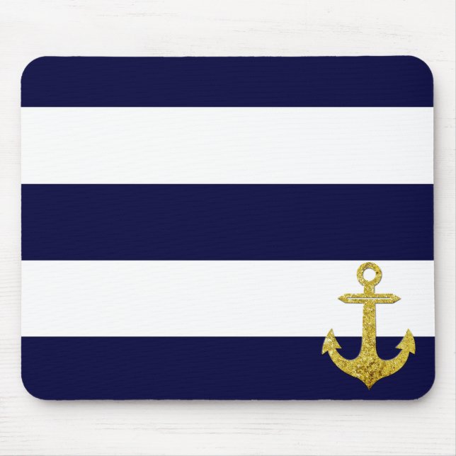 Gold anchor nautical stripes  mouse pad (Front)