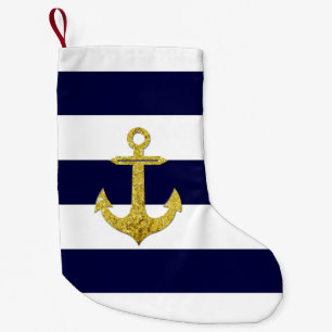Gold anchor nautical stripes small christmas stocking