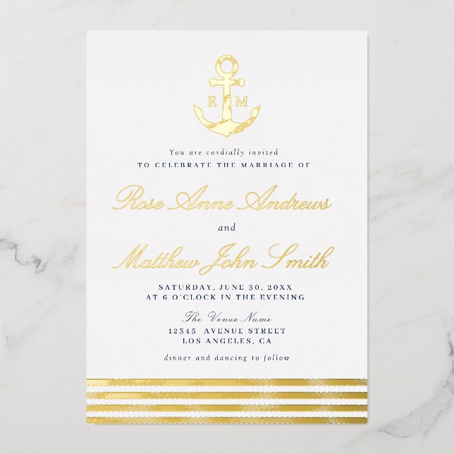 gold anchor nautical wedding invitation (Front)