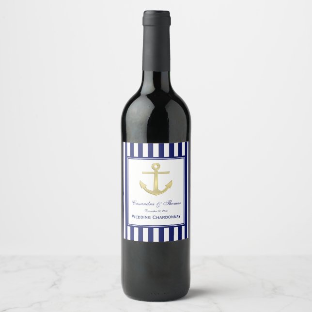 Gold Anchor Navy Blue Frame 2, White Stripe DIY BG Wine Label (Front)