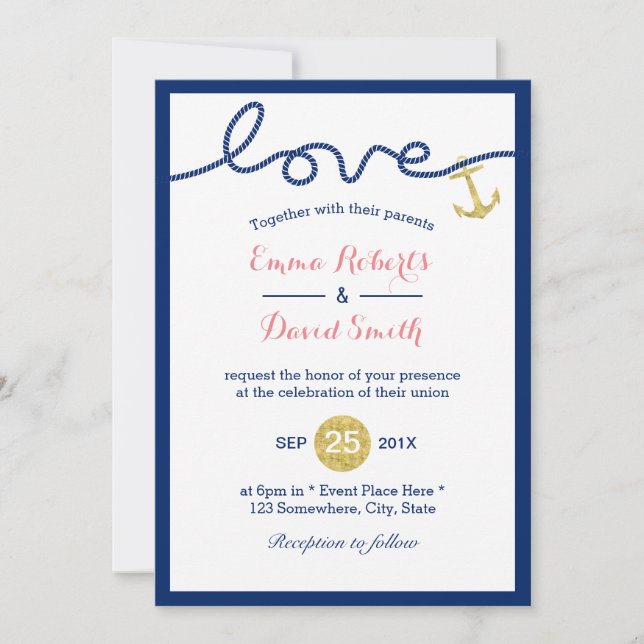 Gold Anchor Navy Blue Nautical Wedding Invitation (Front)